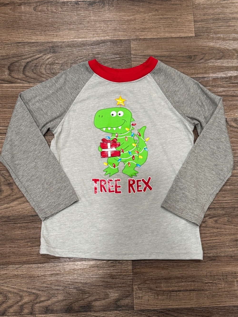 Festive Dino Long Sleeve Tee - Gray and Red